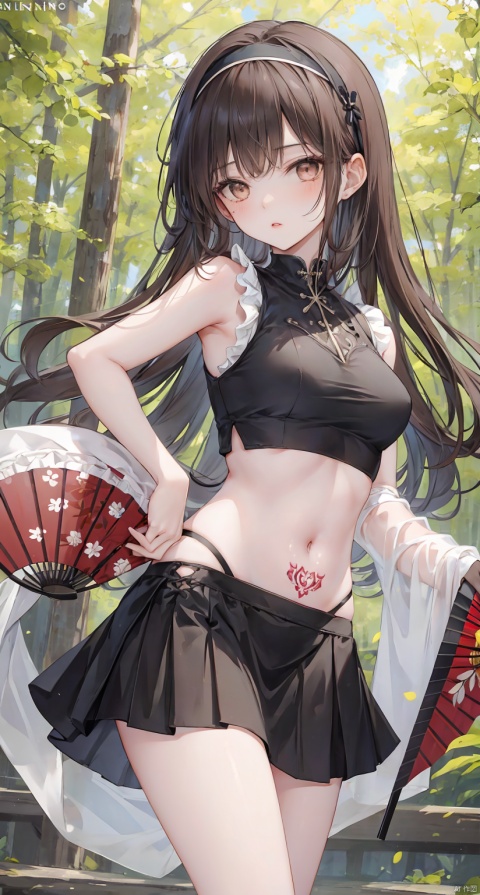 1girl, solo, long hair, breasts, looking at viewer, skirt, brown hair, black hair, navel, holding, brown eyes, cowboy shot, hairband, outdoors, parted lips, sleeveless, midriff, artist name, black skirt, lips, crop top, see-through, tattoo, hand fan, pencil skirt, folding fan, holding fan