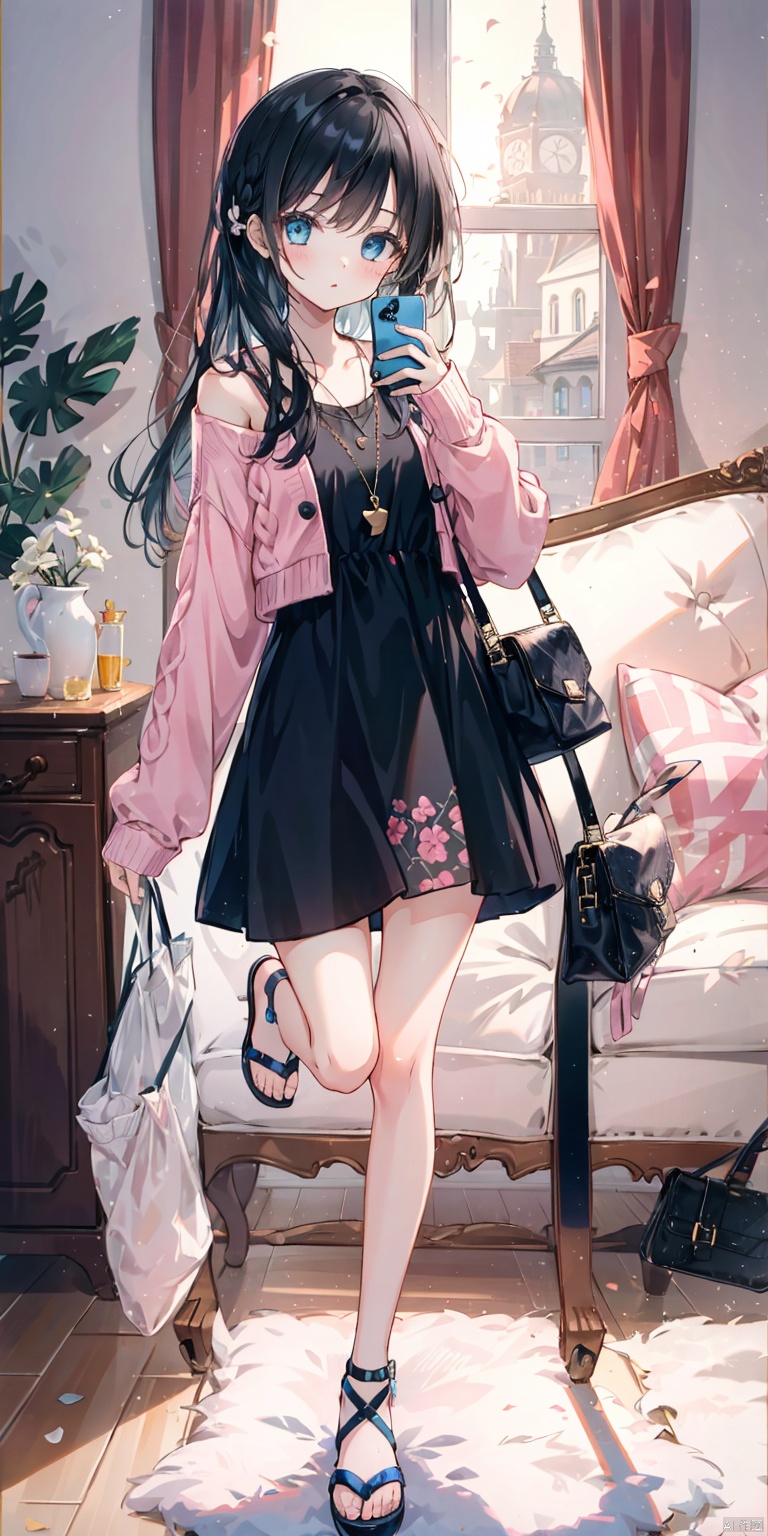 1girl, solo, long hair, looking at viewer, bangs, blue eyes, black hair, long sleeves, dress, holding, standing, day, indoors, bag, arm up, sweater, sleeves past wrists, bare legs, window, phone, leg up, sandals, standing on one leg, cellphone, curtains, couch, smartphone, holding phone, handbag, shoulder bag, sweater dress, pink sweater,Sweet, beautiful, charming, cute, very cute, super cute.