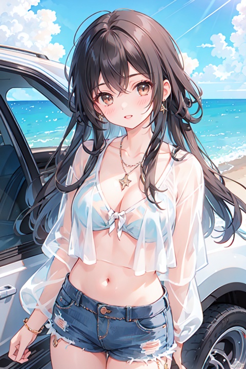 1girl, solo, long hair, breasts, looking at viewer, blush, bangs, shirt, black hair, navel, brown eyes, jewelry, underwear, white shirt, outdoors, parted lips, sky, shorts, day, midriff, cloud, necklace, bra, lips, crop top, see-through, short shorts, ocean, watermark, ground vehicle, motor vehicle, white bra, car, see-through shirt, car interior