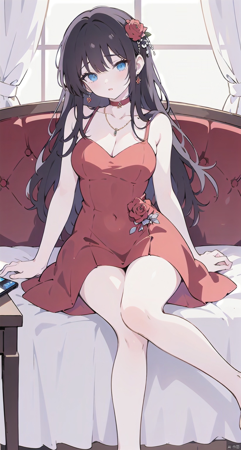 1girl, solo, long hair, breasts, looking at viewer, bangs, blue eyes, large breasts, black hair, hair ornament, dress, cleavage, bare shoulders, jewelry, sitting, collarbone, flower, parted lips, sleeveless, choker, indoors, necklace, head tilt, bare arms, bare legs, sleeveless dress, feet out of frame, rose, arm support, phone, short dress, red dress, table, curtains, red flower, couch, spaghetti strap, red choker, on couch, leaning to the side