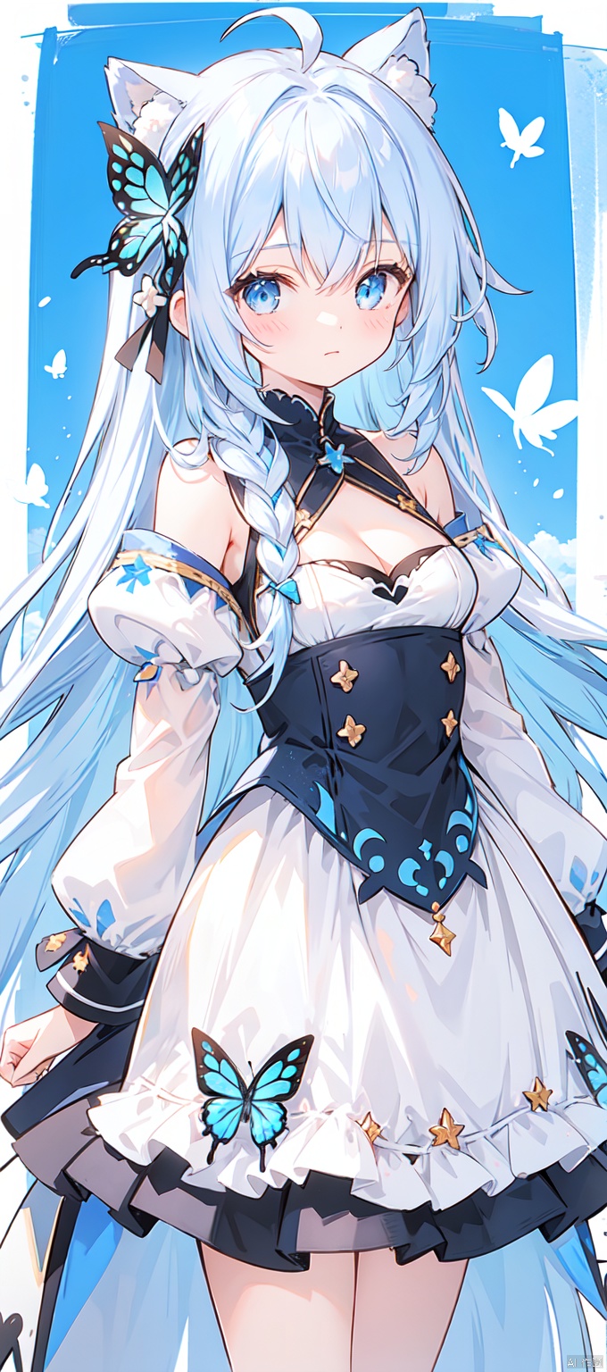 1girl, solo, long hair, breasts, bangs, blue eyes, long sleeves, dress, very long hair, closed mouth, blue hair, ahoge, white hair, multicolored hair, small breasts, white dress, clothing cutout, cleavage cutout, bug, butterfly,Furina 