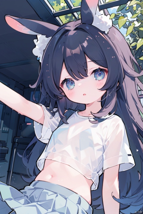 1girl, solo, long hair, breasts, looking at viewer, bangs, blue eyes, shirt, black hair, navel, animal ears, jewelry, white shirt, earrings, outdoors, parted lips, midriff, pants, rabbit ears, lips, crop top, see-through, dutch angle, fake animal ears, denim, outstretched arm, Pleated skirt, resting skirt, flying,