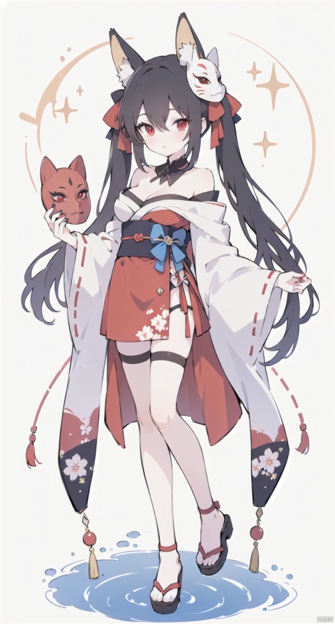 1girl, solo, long hair, breasts, looking at viewer, bangs, black hair, red eyes, long sleeves, dress, bow, holding, cleavage, hair between eyes, bare shoulders, twintails, medium breasts, very long hair, full body, detached sleeves, japanese clothes, water, sash, bare legs, thigh strap, mask, obi, red dress, pink dress, red nails, fish, string, fox mask, ripples, string of fate, holding mask