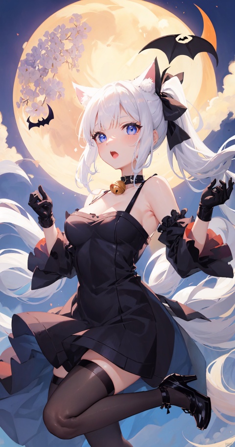 1girl, solo, long hair, breasts, looking at viewer, open mouth, bangs, blue eyes, gloves, dress, animal ears, bare shoulders, hair ribbon, ponytail, white hair, sidelocks, sky, choker, black gloves, cat ears, blunt bangs, black footwear, black dress, high heels, strapless, bell, thigh strap, night, fake animal ears, moon, night sky, neck bell, full moon, halloween, paw pose, halloween costume, bat \(animal\), kamisato ayaka