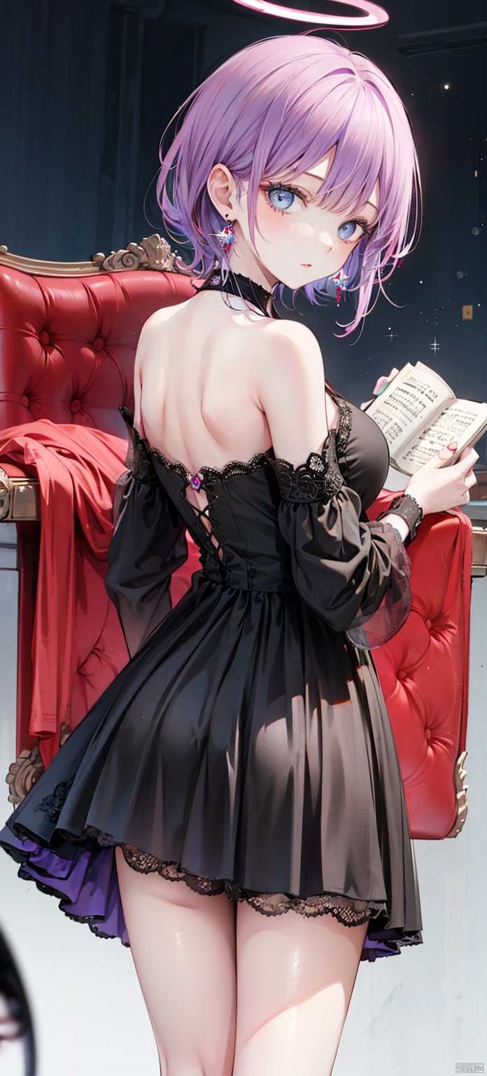 1girl, solo, looking at viewer, bangs, blue eyes, dress, bare shoulders, jewelry, purple hair, flower, earrings, detached sleeves, looking back, from behind, black dress, book, halo, piano