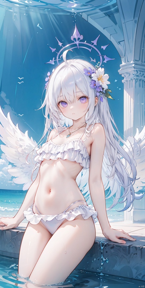  1girl, azusa \(blue archive\), swimsuit, bikini, flower, hair ornament, solo, long hair, navel, hair flower, looking at viewer, lying, halo, frills, wings, white hair, frilled bikini, necklace, pink eyes, bow, jewelry, bangs, hair between eyes, breasts, purple eyes, small breasts, ahoge, purple flower, very long hair, bare shoulders, bag, beads,


 Highest picture quality, masterpiece, exquisite CG, exquisite and complicated hair accessories, big watery eyes, highlights, natural light, Super realistic, cinematic lighting texture, absolutely beautiful, 3D max, vray, c4d, ue5, corona rendering, redshift, octane rendering, （Show whole body）, （all body）,