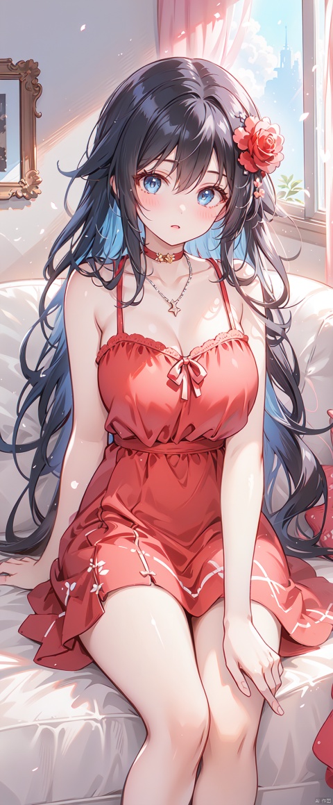 1girl, solo, long hair, breasts, looking at viewer, bangs, blue eyes, large breasts, black hair, hair ornament, dress, cleavage, bare shoulders, jewelry, sitting, collarbone, flower, parted lips, sleeveless, choker, indoors, necklace, head tilt, bare arms, bare legs, sleeveless dress, feet out of frame, rose, arm support, phone, short dress, red dress, table, curtains, red flower, couch, spaghetti strap, red choker, on couch, leaning to the side