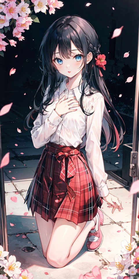 1girl, solo, long hair, looking at viewer, bangs, blue eyes, skirt, shirt, black hair, long sleeves, white shirt, flower, shoes, plaid, kneeling, plaid skirt, hand on own chest, pink footwear, red lips