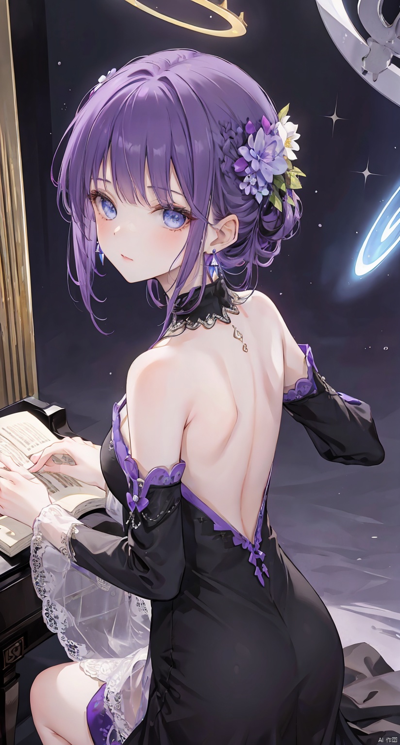 1girl, solo, looking at viewer, bangs, blue eyes, dress, bare shoulders, jewelry, purple hair, flower, earrings, detached sleeves, looking back, from behind, black dress, book, halo, piano