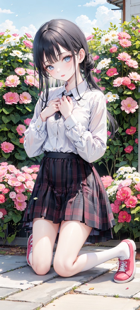 1girl, solo, long hair, looking at viewer, bangs, blue eyes, skirt, shirt, black hair, long sleeves, white shirt, flower, shoes, plaid, kneeling, plaid skirt, hand on own chest, pink footwear, red lips