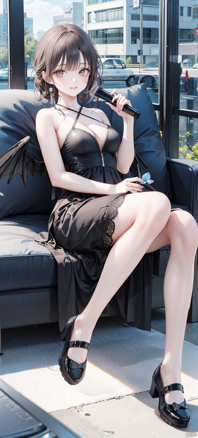 1girl, solo, long hair, breasts, looking at viewer, brown hair, dress, holding, cleavage, bare shoulders, medium breasts, weapon, parted lips, sleeveless, black dress, lips, gun, sleeveless dress, halterneck, ground vehicle, hand fan, motor vehicle, holding fan, smile, brown hair, dress, holding, brown eyes, sitting, wings, black footwear, black dress, halterneck, hand fan, criss-cross halter,Highest picture quality, masterpiece, exquisite CG, exquisite and complicated hair accessories, big watery eyes, highlights, natural light, Super realistic, cinematic lighting texture, absolutely beautiful, 3D max, vray, c4d, ue5, corona rendering, redshift, octane rendering, （Show whole body）, （all body）