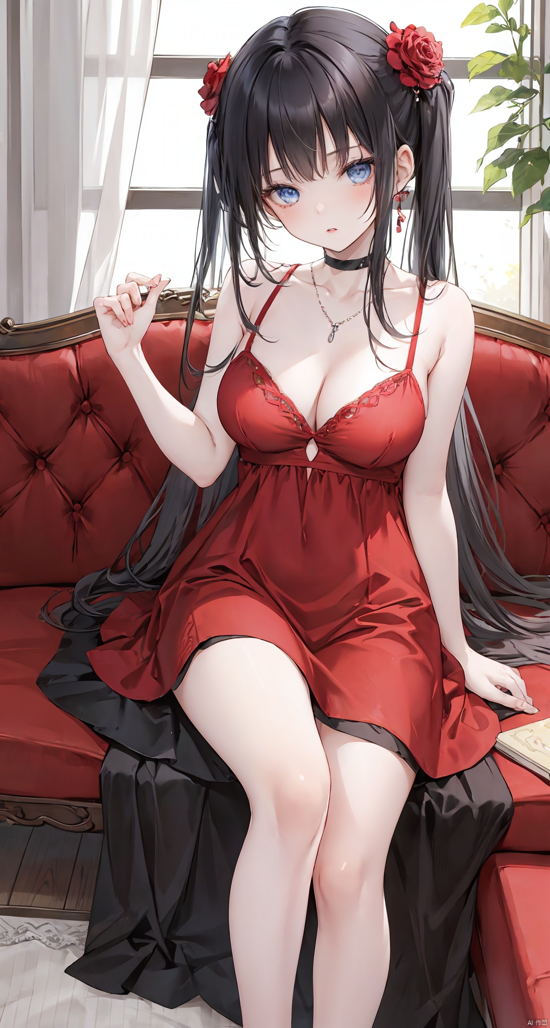 1girl, solo, long hair, breasts, looking at viewer, bangs, blue eyes, large breasts, black hair, hair ornament, dress, cleavage, bare shoulders, jewelry, sitting, collarbone, flower, parted lips, sleeveless, choker, indoors, necklace, head tilt, bare arms, bare legs, sleeveless dress, feet out of frame, rose, arm support, phone, short dress, red dress, table, curtains, red flower, couch, spaghetti strap, red choker, on couch, leaning to the side