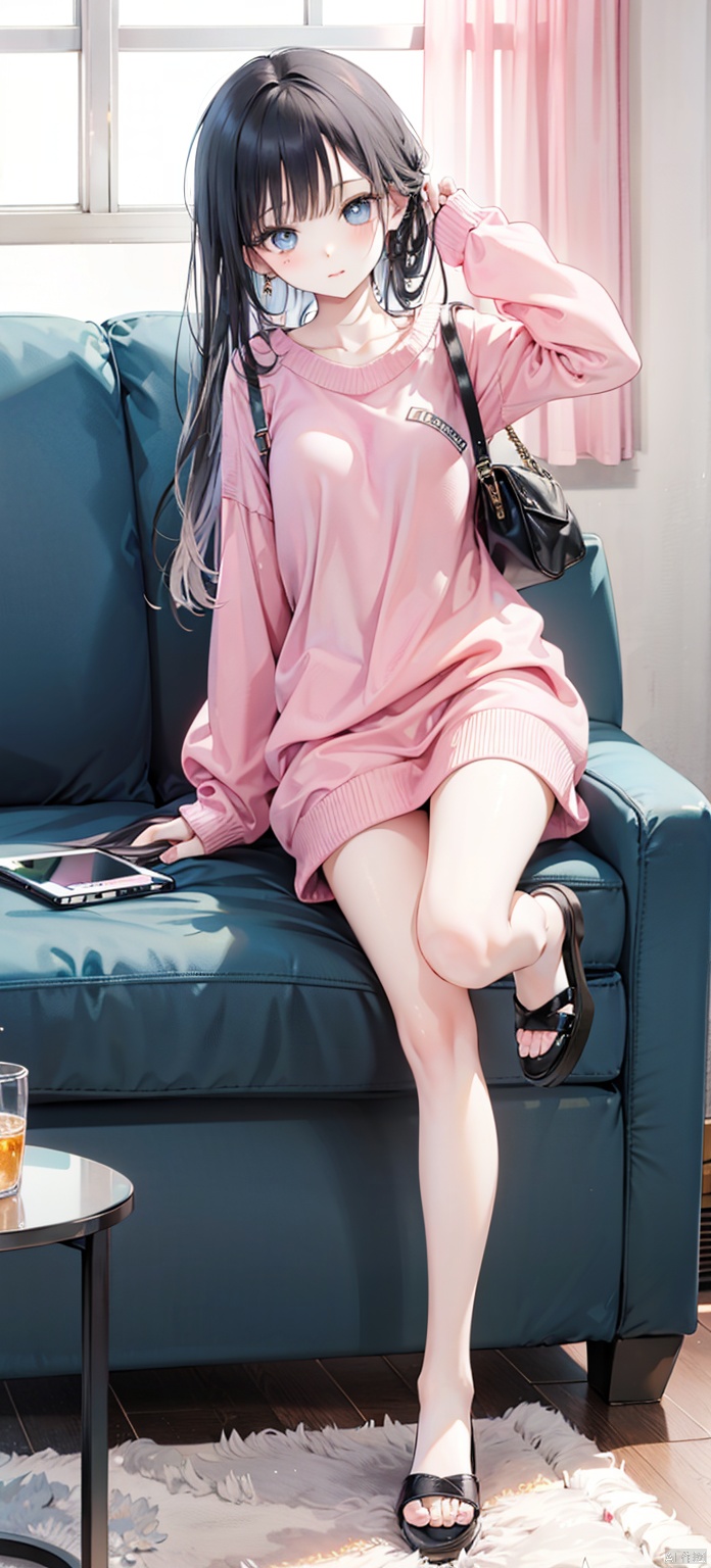 1girl, solo, long hair, looking at viewer, bangs, blue eyes, black hair, long sleeves, dress, holding, standing, day, indoors, bag, arm up, sweater, sleeves past wrists, bare legs, window, phone, leg up, sandals, standing on one leg, cellphone, curtains, couch, smartphone, holding phone, handbag, shoulder bag, sweater dress, pink sweater,Sweet, beautiful, charming, cute, very cute, super cute.