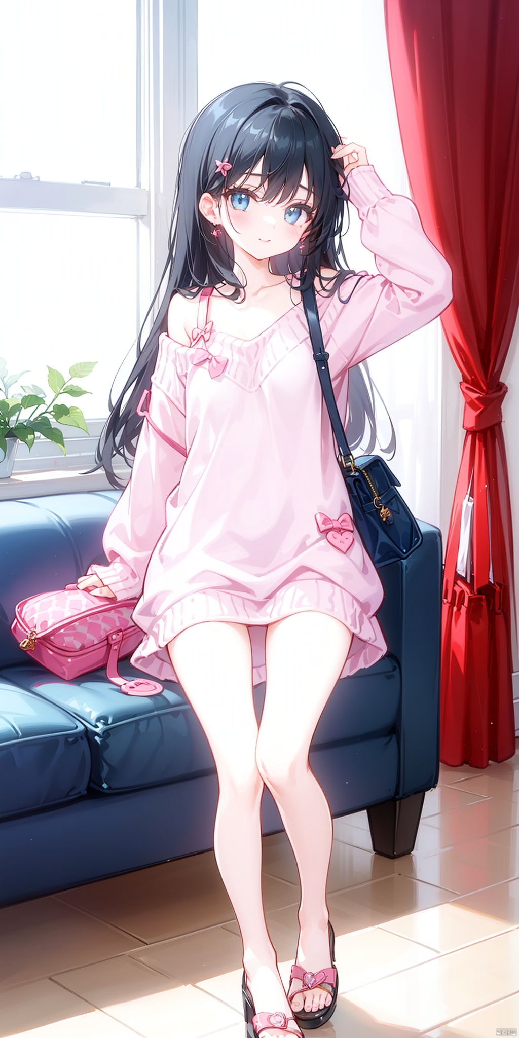 1girl, solo, long hair, looking at viewer, bangs, blue eyes, black hair, long sleeves, dress, holding, standing, day, indoors, bag, arm up, sweater, sleeves past wrists, bare legs, window, phone, leg up, sandals, standing on one leg, cellphone, curtains, couch, smartphone, holding phone, handbag, shoulder bag, sweater dress, pink sweater,Sweet, beautiful, charming, cute, very cute, super cute.