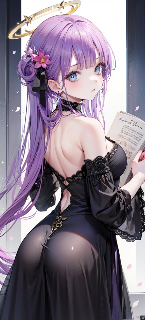 1girl, solo, looking at viewer, bangs, blue eyes, dress, bare shoulders, jewelry, purple hair, flower, earrings, detached sleeves, looking back, from behind, black dress, book, halo, piano