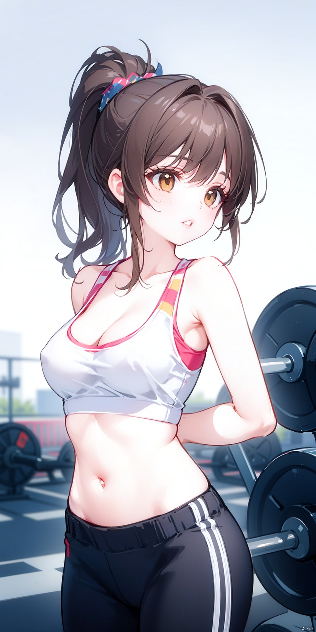  1girl, solo, breasts, brown hair, navel, cleavage, brown eyes, medium breasts, ponytail, parted lips, midriff, pants, lips, crop top, sports bra, realistic, gym