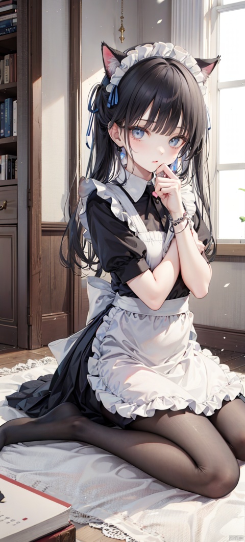 1girl, solo, long hair, black hair, dress, ribbon, holding, animal ears, jewelry, sitting, full body, short sleeves, pantyhose, indoors, cat ears, apron, bracelet, feet, book, black pantyhose, maid, maid headdress, toes, wariza, no shoes, soles, maid apron, holding book, on floor, covering face