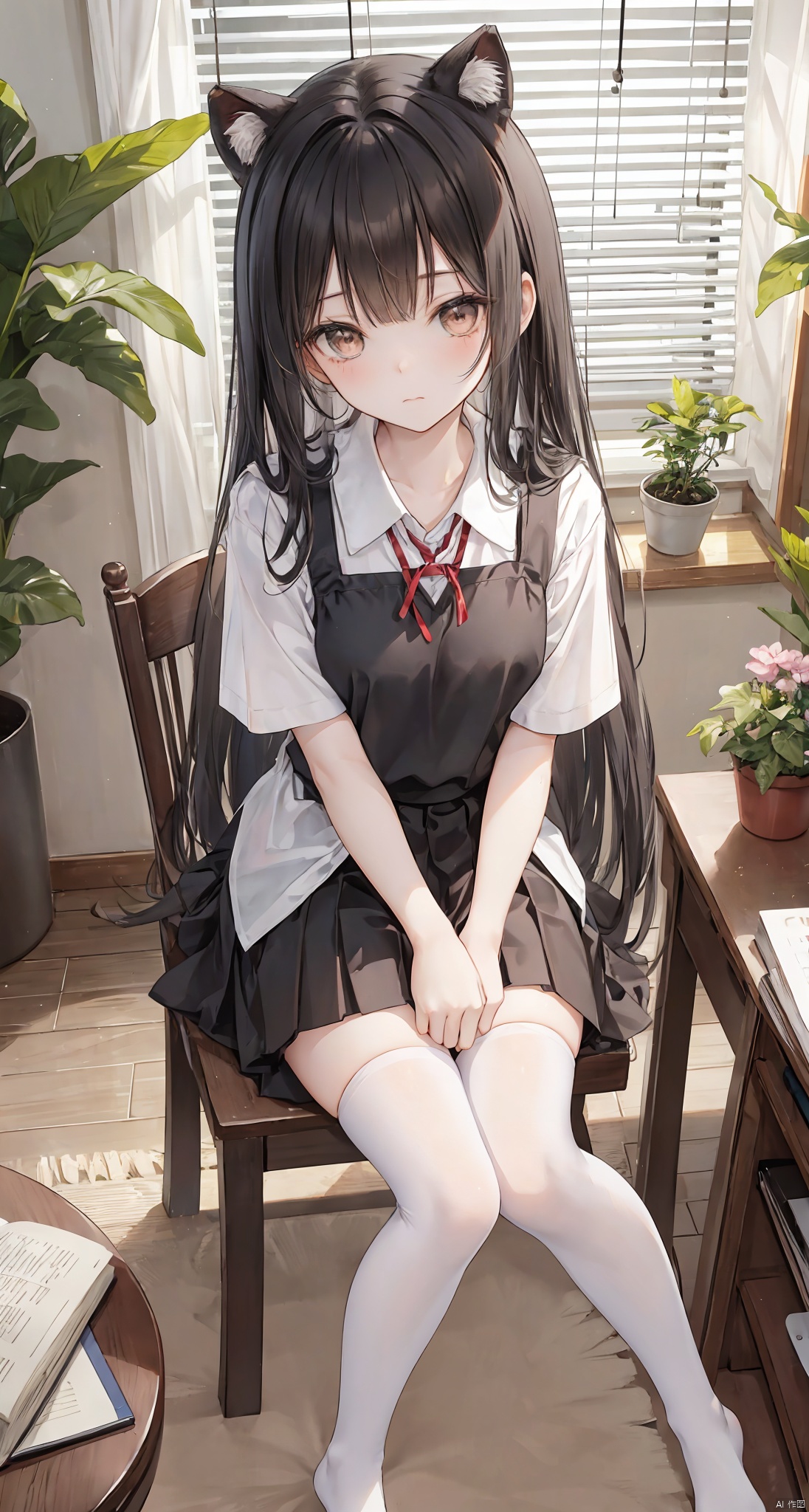 1girl, solo, long hair, looking at viewer, bangs, skirt, shirt, black hair, thighhighs, holding, brown eyes, sitting, closed mouth, school uniform, full body, white shirt, short sleeves, day, indoors, black skirt, star \(symbol\), white thighhighs, book, window, mask, chair, no shoes, stuffed toy, table, sunlight, plant, desk, knee up, brown skirt, bookshelf, potted plant, lamp, blinds