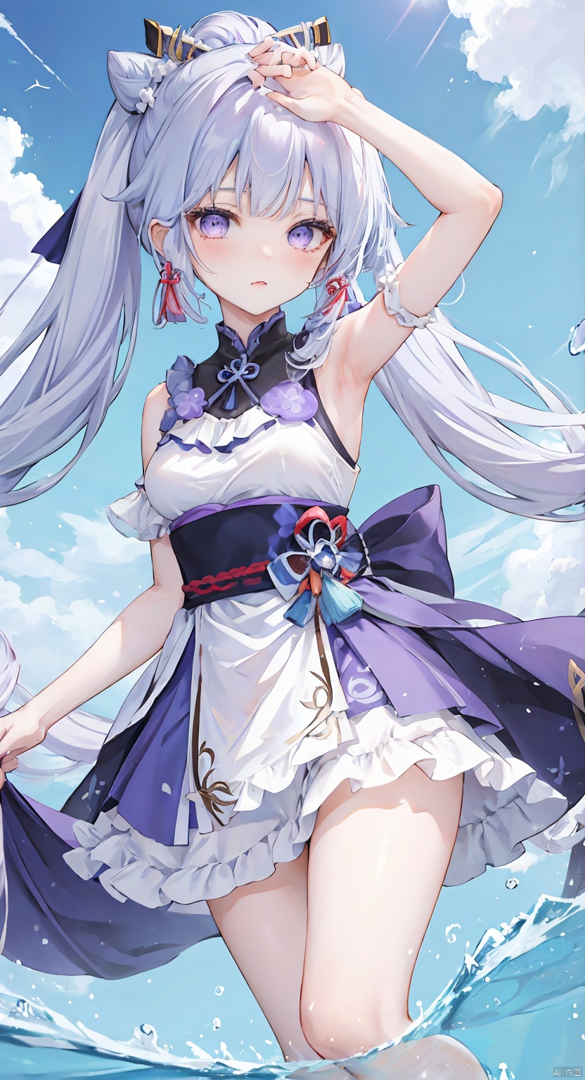 long hair, breasts, looking at viewer, bangs, blue eyes, multiple girls, dress, ribbon, 2girls, twintails, blue hair, purple eyes, swimsuit, hair ribbon, ponytail, purple hair, white hair, armpits, hair bun, white dress, yuri, arm up, double bun, mouth hold, partially submerged, cone hair bun, keqing \(genshin impact\), kamisato ayaka