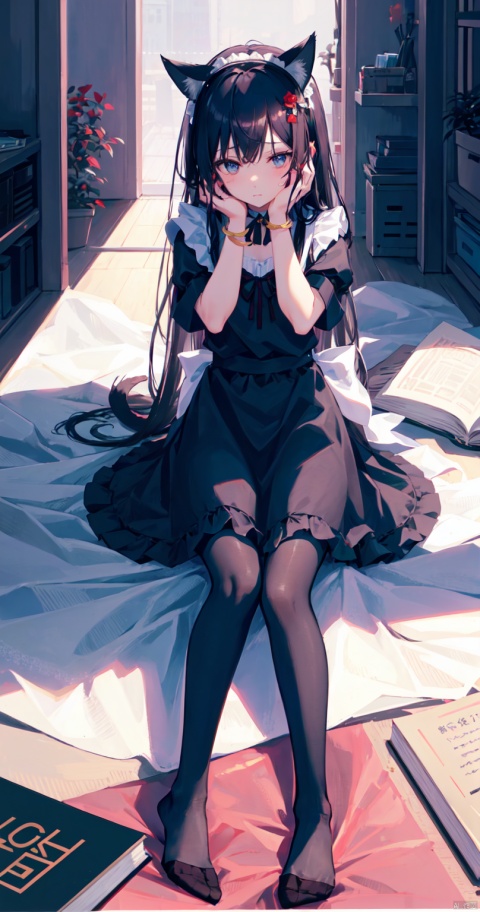 1girl, solo, long hair, black hair, dress, ribbon, holding, animal ears, jewelry, sitting, full body, short sleeves, pantyhose, indoors, cat ears, apron, bracelet, feet, book, black pantyhose, maid, maid headdress, toes, wariza, no shoes, soles, maid apron, holding book, on floor, covering face