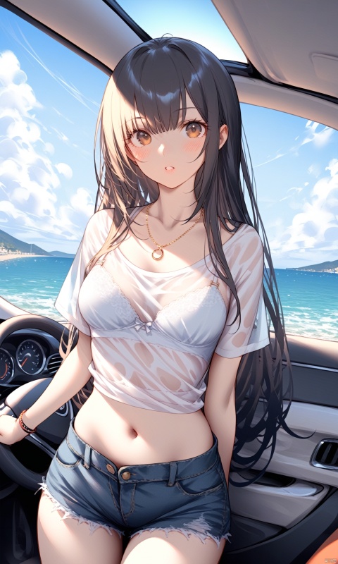 1girl, solo, long hair, breasts, looking at viewer, blush, bangs, shirt, black hair, navel, brown eyes, jewelry, underwear, white shirt, outdoors, parted lips, sky, shorts, day, midriff, cloud, necklace, bra, lips, crop top, see-through, short shorts, ocean, watermark, ground vehicle, motor vehicle, white bra, car, see-through shirt, car interior