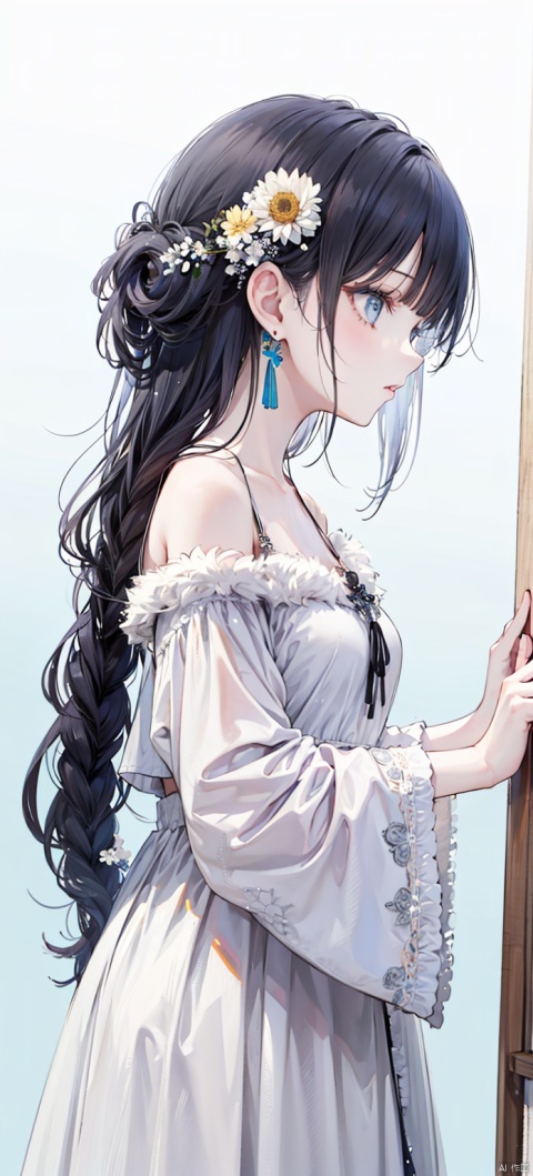 1girl, solo, long hair, bangs, blue eyes, black hair, hair ornament, dress, bare shoulders, jewelry, closed mouth, standing, braid, flower, earrings, artist name, hair flower, off shoulder, white dress, fur trim, profile, blue background, painting \(object\)