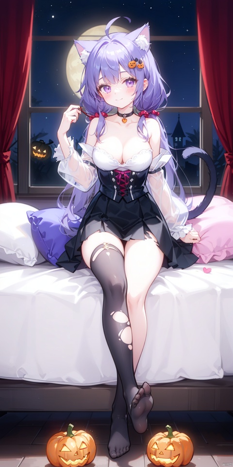 1girl, solo, long hair, breasts, looking at viewer, blush, smile, bangs, skirt, large breasts, hair ornament, thighhighs, animal ears, cleavage, bare shoulders, twintails, medium breasts, sitting, very long hair, closed mouth, purple eyes, tail, purple hair, braid, ahoge, heart, thighs, frills, detached sleeves, wings, choker, black thighhighs, indoors, virtual youtuber, cat ears, black skirt, feet, cat tail, animal ear fluff, see-through, pillow, torn clothes, window, toes, night, low twintails, black choker, no shoes, soles, moon, cat, crossed legs, cat girl, single thighhigh, night sky, full moon, halloween, demon wings, ghost, jack-o'-lantern, torn thighhighs, heart ahoge