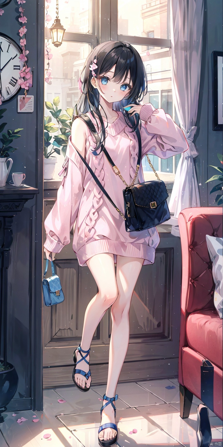 1girl, solo, long hair, looking at viewer, bangs, blue eyes, black hair, long sleeves, dress, holding, standing, day, indoors, bag, arm up, sweater, sleeves past wrists, bare legs, window, phone, leg up, sandals, standing on one leg, cellphone, curtains, couch, smartphone, holding phone, handbag, shoulder bag, sweater dress, pink sweater,Sweet, beautiful, charming, cute, very cute, super cute.