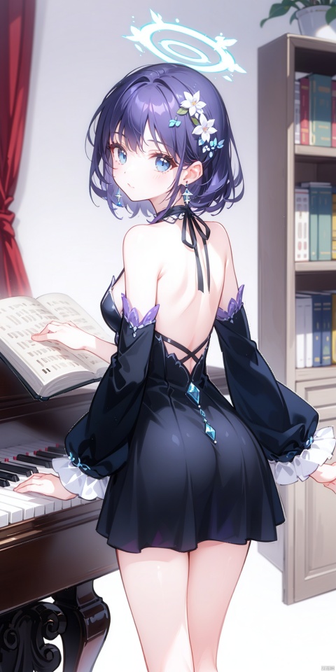 1girl, solo, looking at viewer, bangs, blue eyes, dress, bare shoulders, jewelry, purple hair, flower, earrings, detached sleeves, looking back, from behind, black dress, book, halo, piano