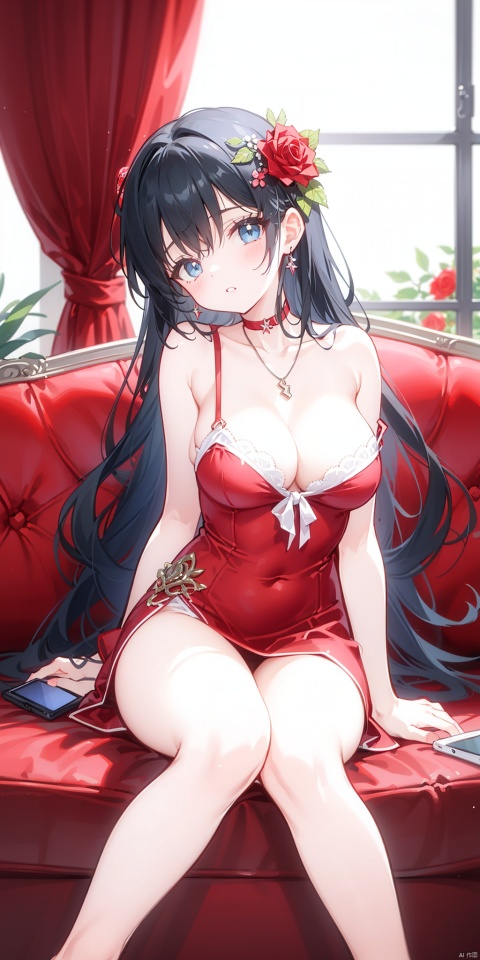 1girl, solo, long hair, breasts, looking at viewer, bangs, blue eyes, large breasts, black hair, hair ornament, dress, cleavage, bare shoulders, jewelry, sitting, collarbone, flower, parted lips, sleeveless, choker, indoors, necklace, head tilt, bare arms, bare legs, sleeveless dress, feet out of frame, rose, arm support, phone, short dress, red dress, table, curtains, red flower, couch, spaghetti strap, red choker, on couch, leaning to the side