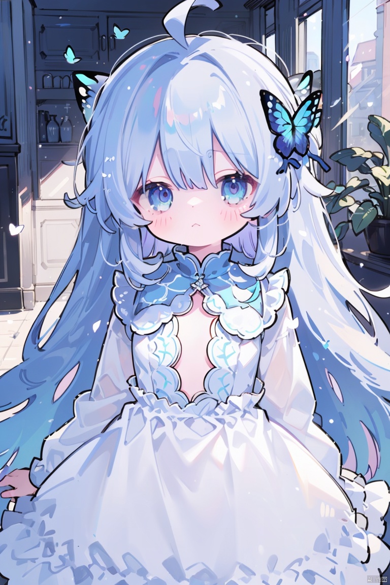 1girl, solo, long hair, breasts, bangs, blue eyes, long sleeves, dress, very long hair, closed mouth, blue hair, ahoge, white hair, multicolored hair, small breasts, white dress, clothing cutout, cleavage cutout, bug, butterfly,Furina 