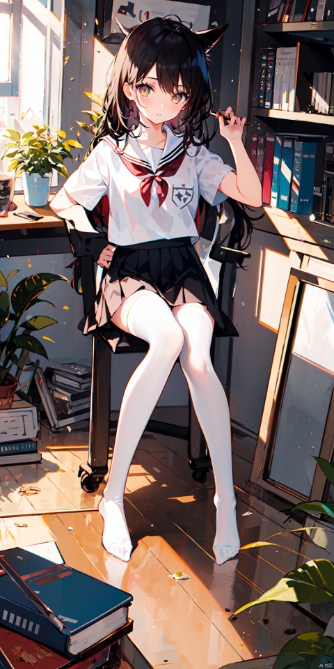 1girl, solo, long hair, looking at viewer, bangs, skirt, shirt, black hair, thighhighs, holding, brown eyes, sitting, closed mouth, school uniform, full body, white shirt, short sleeves, day, indoors, black skirt, star \(symbol\), white thighhighs, book, window, mask, chair, no shoes, stuffed toy, table, sunlight, plant, desk, knee up, brown skirt, bookshelf, potted plant, lamp, blinds