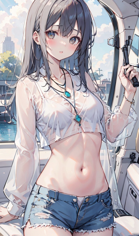 1girl, solo, long hair, breasts, looking at viewer, blush, bangs, shirt, black hair, navel, brown eyes, jewelry, underwear, white shirt, outdoors, parted lips, sky, shorts, day, midriff, cloud, necklace, bra, lips, crop top, see-through, short shorts, ocean, watermark, ground vehicle, motor vehicle, white bra, car, see-through shirt, car interior