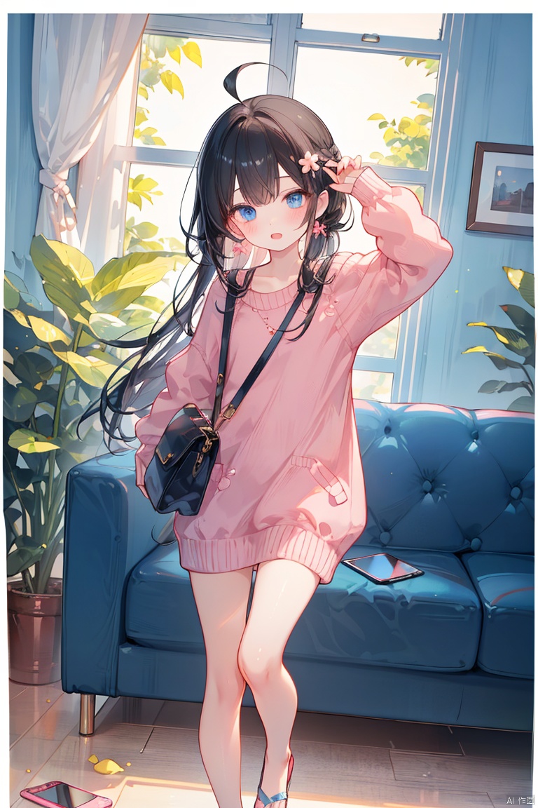 1girl, solo, long hair, looking at viewer, bangs, blue eyes, black hair, long sleeves, dress, holding, standing, day, indoors, bag, arm up, sweater, sleeves past wrists, bare legs, window, phone, leg up, sandals, standing on one leg, cellphone, curtains, couch, smartphone, holding phone, handbag, shoulder bag, sweater dress, pink sweater,Sweet, beautiful, charming, cute, very cute, super cute.