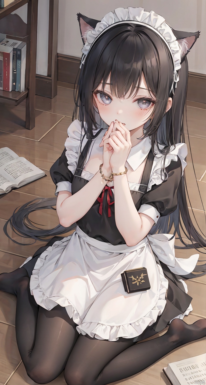 1girl, solo, long hair, black hair, dress, ribbon, holding, animal ears, jewelry, sitting, full body, short sleeves, pantyhose, indoors, cat ears, apron, bracelet, feet, book, black pantyhose, maid, maid headdress, toes, wariza, no shoes, soles, maid apron, holding book, on floor, covering face