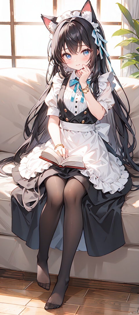 1girl, solo, long hair, black hair, dress, ribbon, holding, animal ears, jewelry, sitting, full body, short sleeves, pantyhose, indoors, cat ears, apron, bracelet, feet, book, black pantyhose, maid, maid headdress, toes, wariza, no shoes, soles, maid apron, holding book, on floor, covering face