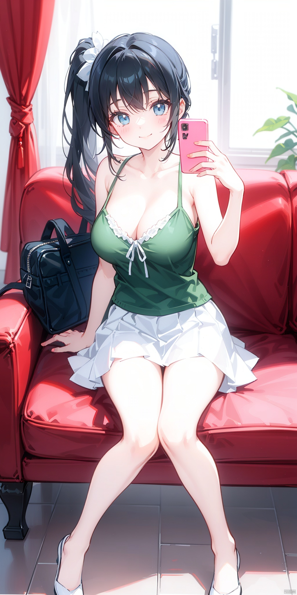 1girl, solo, long hair, breasts, looking at viewer, blush, smile, bangs, blue eyes, skirt, large breasts, shirt, black hair, holding, cleavage, bare shoulders, closed mouth, thighs, sleeveless, indoors, bag, side ponytail, bare arms, phone, table, white skirt, cellphone, curtains, couch, smartphone, camisole, holding phone, green shirt, selfie