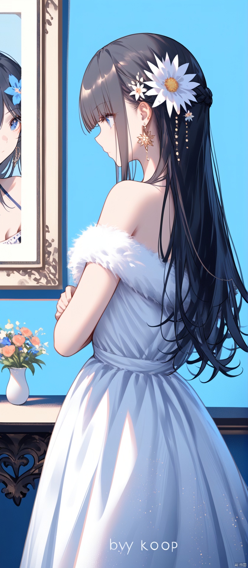 1girl, solo, long hair, bangs, blue eyes, black hair, hair ornament, dress, bare shoulders, jewelry, closed mouth, standing, braid, flower, earrings, artist name, hair flower, off shoulder, white dress, fur trim, profile, blue background, painting \(object\)