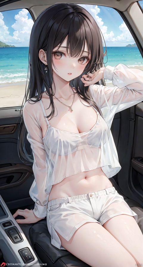 1girl, solo, long hair, breasts, looking at viewer, blush, bangs, shirt, black hair, navel, brown eyes, jewelry, underwear, white shirt, outdoors, parted lips, sky, shorts, day, midriff, cloud, necklace, bra, lips, crop top, see-through, short shorts, ocean, watermark, ground vehicle, motor vehicle, white bra, car, see-through shirt, car interior