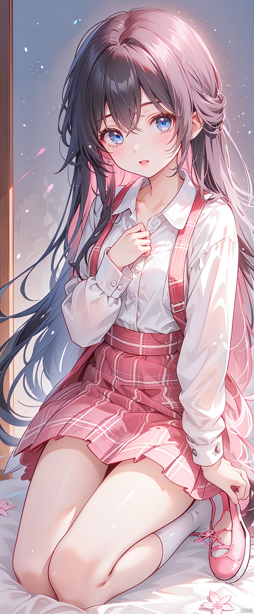 1girl, solo, long hair, looking at viewer, bangs, blue eyes, skirt, shirt, black hair, long sleeves, white shirt, flower, shoes, plaid, kneeling, plaid skirt, hand on own chest, pink footwear, red lips