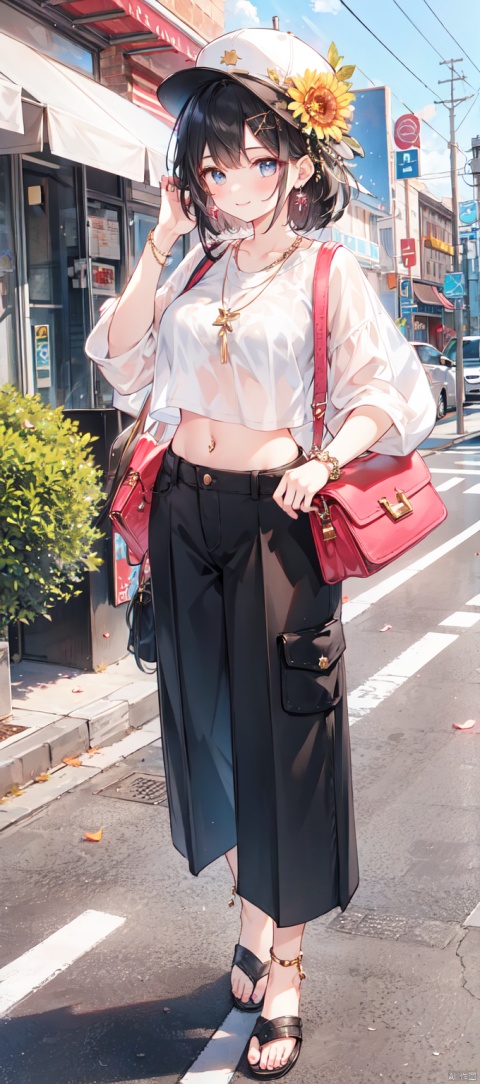 1girl, solo, breasts, bangs, large breasts, shirt, black hair, hair ornament, hat, navel, jewelry, standing, full body, flower, earrings, outdoors, midriff, pants, hair flower, necklace, bag, nail polish, blurry, bracelet, crop top, see-through, hand on hip, white headwear, sandals, ring, toenails, city, toenail polish, road, navel piercing, street