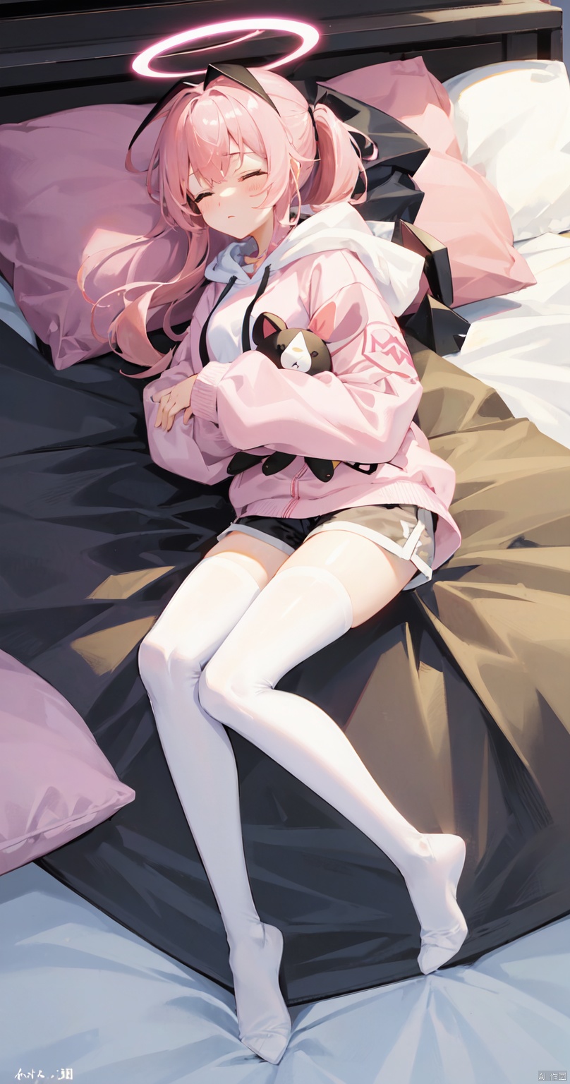 1girl, solo, long hair, bangs, long sleeves, animal ears, closed eyes, ponytail, pink hair, pantyhose, lying, wings, shorts, virtual youtuber, hood, pillow, short shorts, bed, hoodie, on bed, halo, on side, black shorts, stuffed toy, sleeping, stuffed animal, hood down, white pantyhose, object hug, white wings, white hoodie