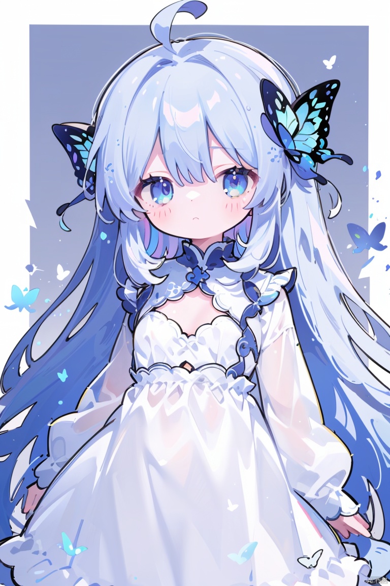 1girl, solo, long hair, breasts, bangs, blue eyes, long sleeves, dress, very long hair, closed mouth, blue hair, ahoge, white hair, multicolored hair, small breasts, white dress, clothing cutout, cleavage cutout, bug, butterfly,Furina 