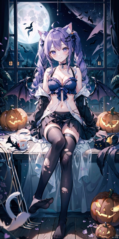 1girl, solo, long hair, breasts, looking at viewer, blush, smile, bangs, skirt, large breasts, hair ornament, thighhighs, animal ears, cleavage, bare shoulders, twintails, medium breasts, sitting, very long hair, closed mouth, purple eyes, tail, purple hair, braid, ahoge, heart, thighs, frills, detached sleeves, wings, choker, black thighhighs, indoors, virtual youtuber, cat ears, black skirt, feet, cat tail, animal ear fluff, see-through, pillow, torn clothes, window, toes, night, low twintails, black choker, no shoes, soles, moon, cat, crossed legs, cat girl, single thighhigh, night sky, full moon, halloween, demon wings, ghost, jack-o'-lantern, torn thighhighs, heart ahoge