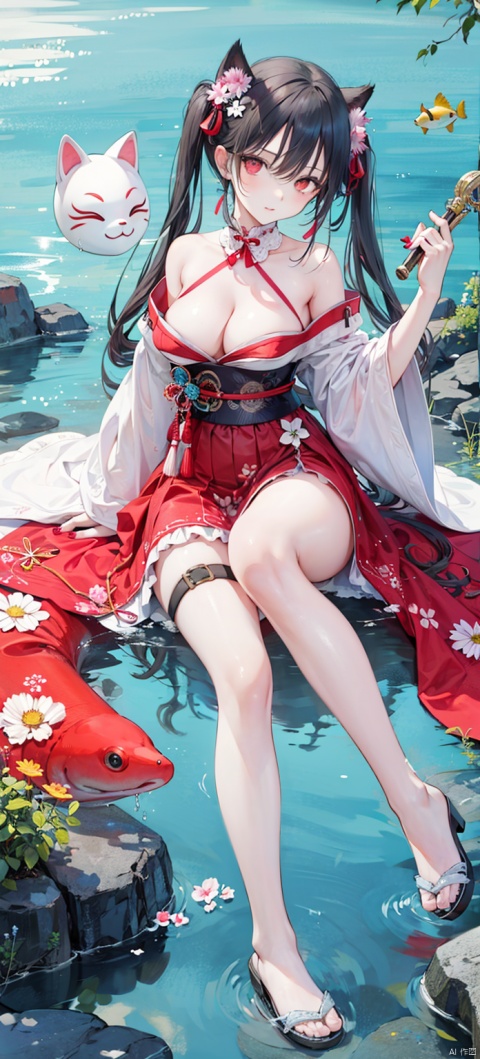 1girl, solo, long hair, breasts, looking at viewer, bangs, black hair, red eyes, long sleeves, dress, bow, holding, cleavage, hair between eyes, bare shoulders, twintails, medium breasts, very long hair, full body, detached sleeves, japanese clothes, water, sash, bare legs, thigh strap, mask, obi, red dress, pink dress, red nails, fish, string, fox mask, ripples, string of fate, holding mask