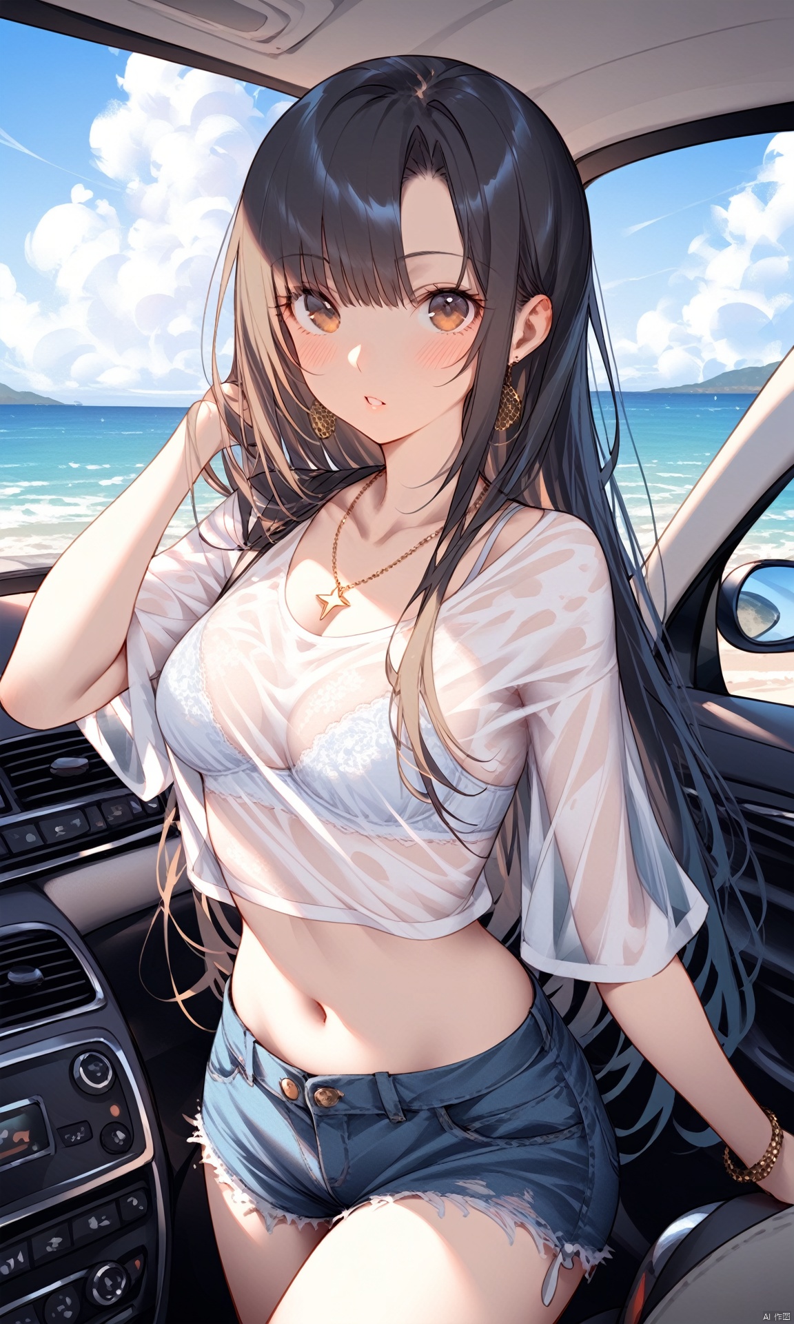 1girl, solo, long hair, breasts, looking at viewer, blush, bangs, shirt, black hair, navel, brown eyes, jewelry, underwear, white shirt, outdoors, parted lips, sky, shorts, day, midriff, cloud, necklace, bra, lips, crop top, see-through, short shorts, ocean, watermark, ground vehicle, motor vehicle, white bra, car, see-through shirt, car interior