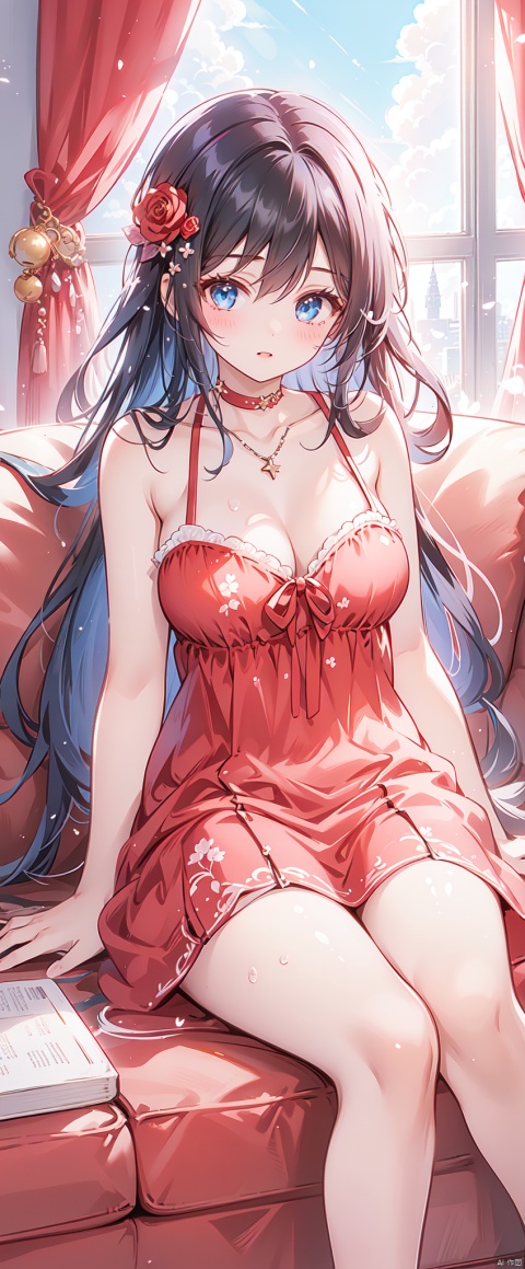 1girl, solo, long hair, breasts, looking at viewer, bangs, blue eyes, large breasts, black hair, hair ornament, dress, cleavage, bare shoulders, jewelry, sitting, collarbone, flower, parted lips, sleeveless, choker, indoors, necklace, head tilt, bare arms, bare legs, sleeveless dress, feet out of frame, rose, arm support, phone, short dress, red dress, table, curtains, red flower, couch, spaghetti strap, red choker, on couch, leaning to the side