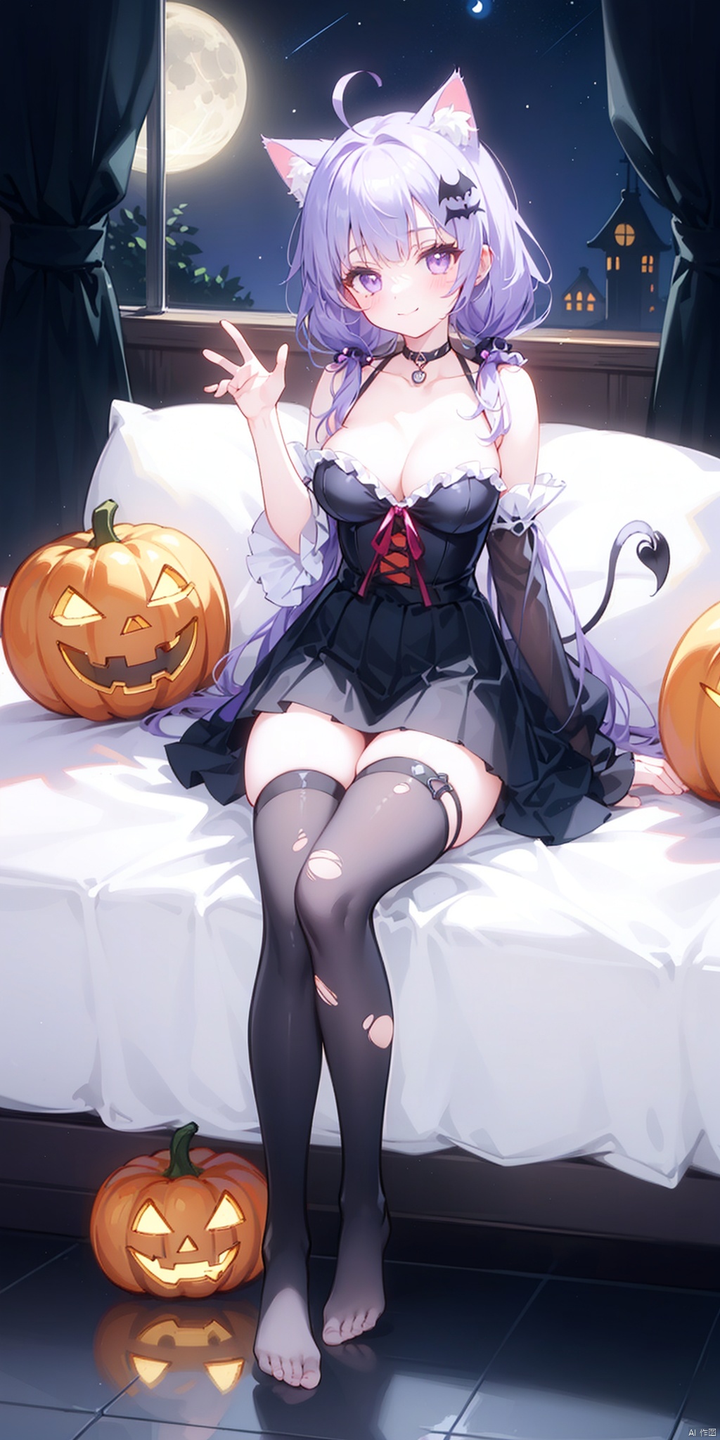 1girl, solo, long hair, breasts, looking at viewer, blush, smile, bangs, skirt, large breasts, hair ornament, thighhighs, animal ears, cleavage, bare shoulders, twintails, medium breasts, sitting, very long hair, closed mouth, purple eyes, tail, purple hair, braid, ahoge, heart, thighs, frills, detached sleeves, wings, choker, black thighhighs, indoors, virtual youtuber, cat ears, black skirt, feet, cat tail, animal ear fluff, see-through, pillow, torn clothes, window, toes, night, low twintails, black choker, no shoes, soles, moon, cat, crossed legs, cat girl, single thighhigh, night sky, full moon, halloween, demon wings, ghost, jack-o'-lantern, torn thighhighs, heart ahoge