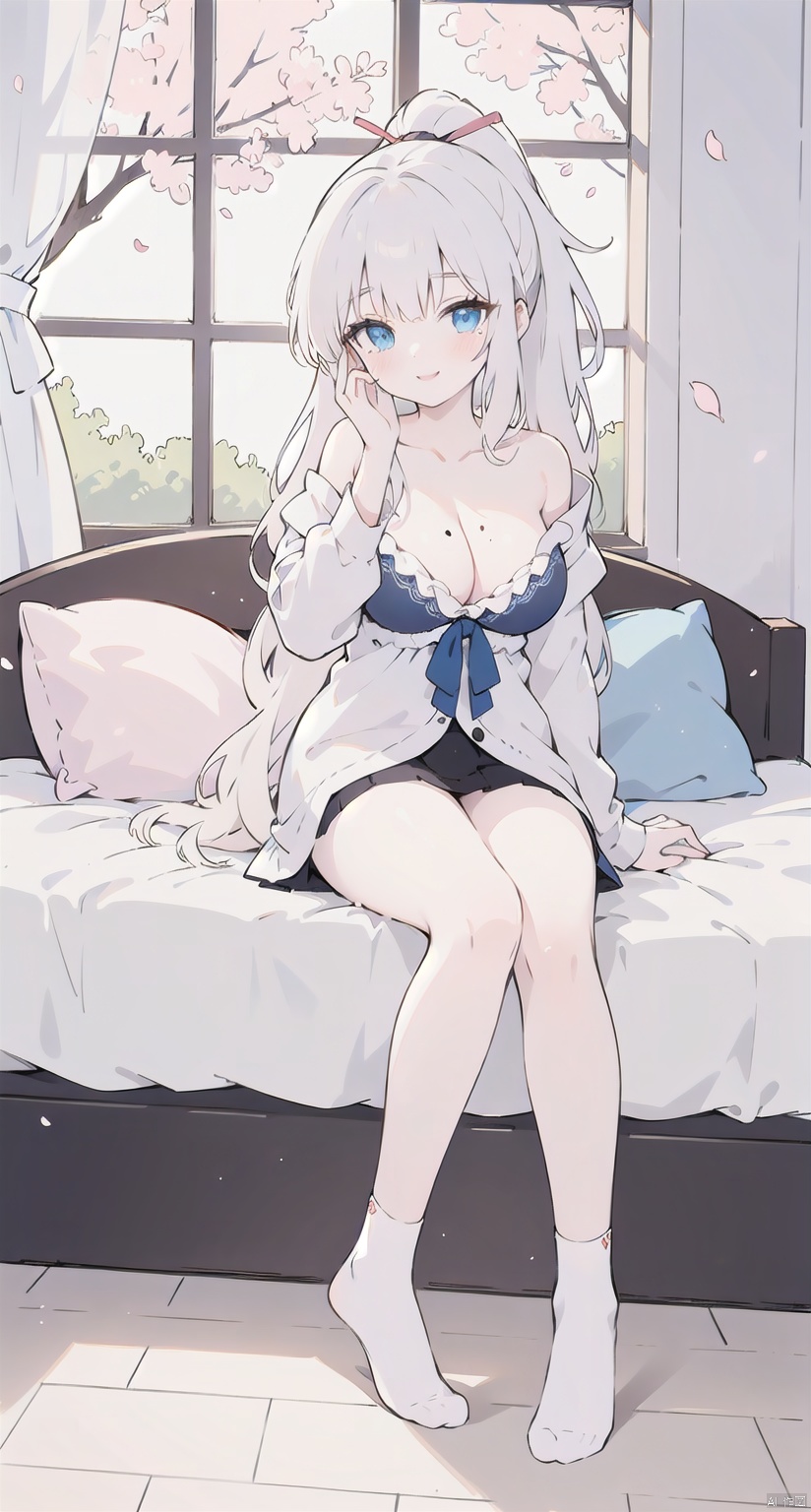 1girl, solo, long hair, breasts, looking at viewer, blush, smile, bangs, blue eyes, large breasts, shirt, long sleeves, ribbon, cleavage, bare shoulders, sitting, collarbone, full body, hair ribbon, white shirt, ponytail, white hair, sidelocks, thighs, open clothes, alternate costume, socks, indoors, blunt bangs, off shoulder, mole, pillow, mole under eye, window, on bed, no shoes, white socks, cherry blossoms, hand on own face, pink ribbon, tress ribbon, kamisato ayaka,