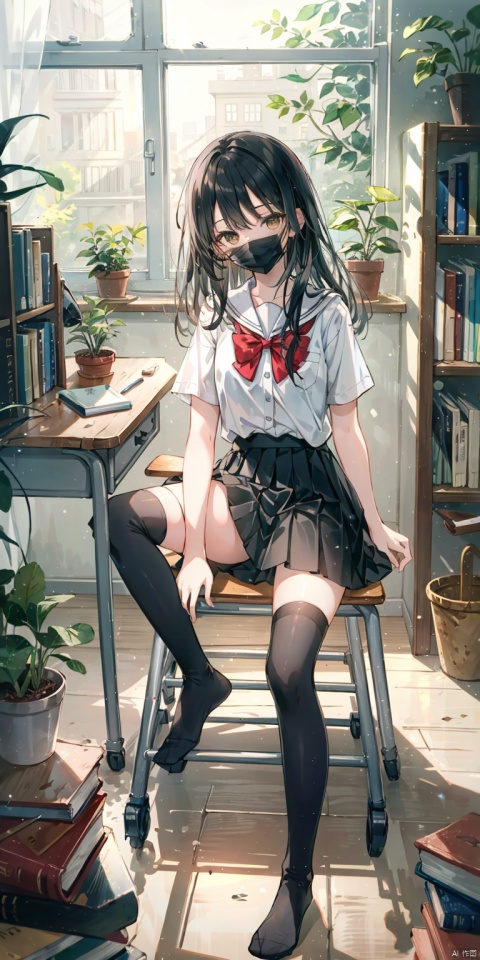 1girl, solo, long hair, looking at viewer, bangs, skirt, shirt, black hair, thighhighs, holding, brown eyes, sitting, closed mouth, school uniform, full body, white shirt, short sleeves, day, indoors, black skirt, star \(symbol\), white thighhighs, book, window, mask, chair, no shoes, stuffed toy, table, sunlight, plant, desk, knee up, brown skirt, bookshelf, potted plant, lamp, blinds